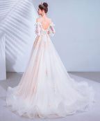 Light Pink Tulle Lace Long Prom Dress Lace Long Evening Dress