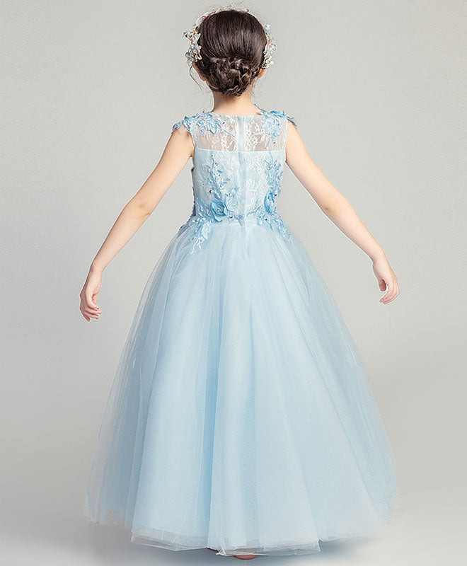 Blue Round Neck Tulle Lace Flower Girl Dress, Girl Fashion Dress