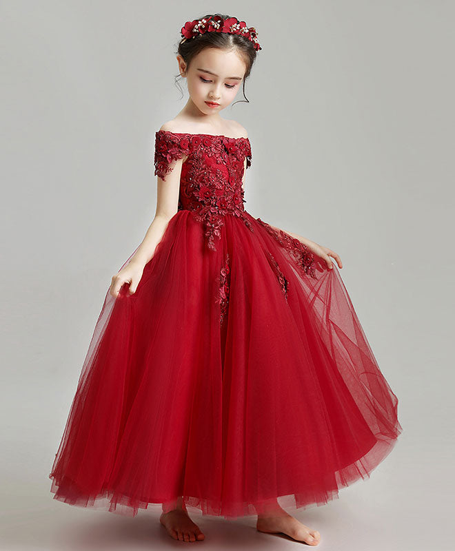 Burgundy Tulle Lace Flower Girl Dress, Burgundy Girl Party Dress