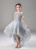 A-Line Gray Tulle Lace High Low Flower Girl Dress