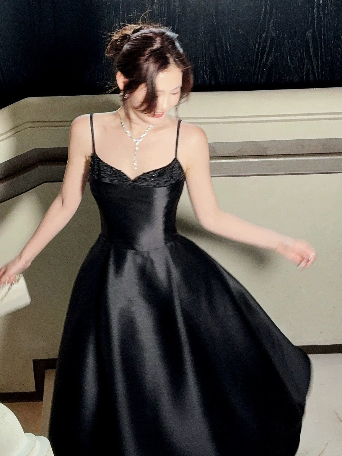 A-Line V Neck Satin Floor Length Black Prom Dress