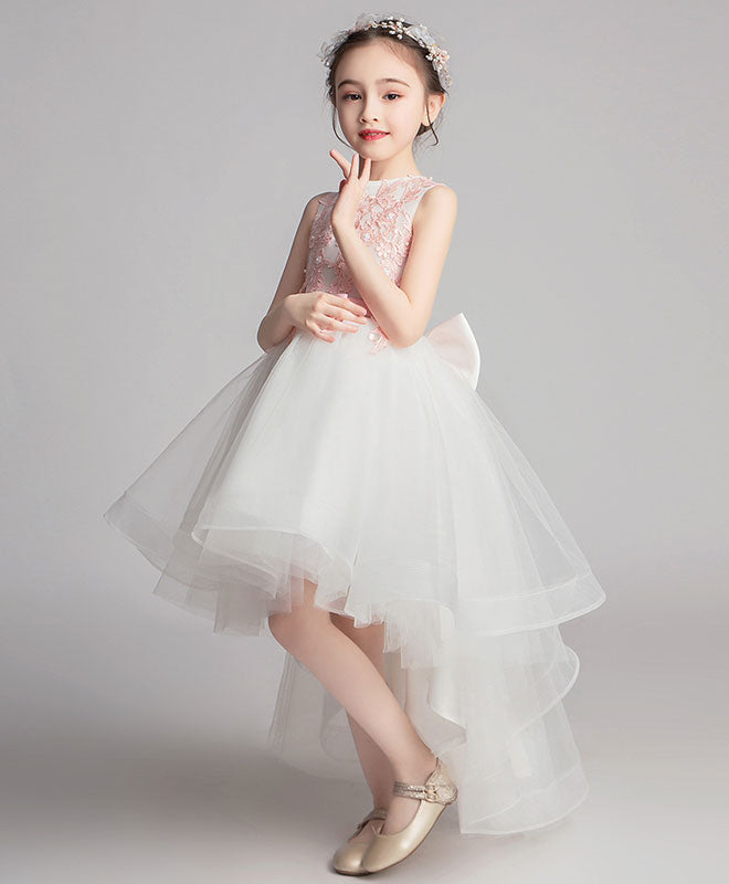 White Round Neck Tulle Lace High Low Prom Dress, Lace Flower Girl Dress