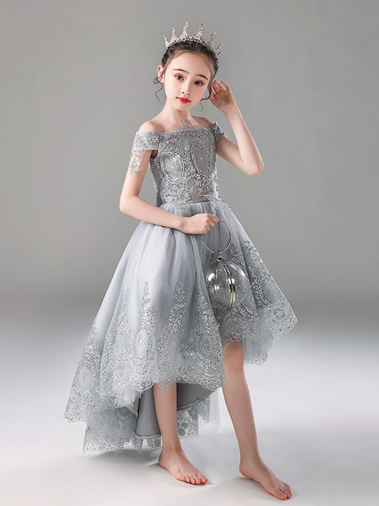 A-Line Gray Tulle Lace High Low Flower Girl Dress