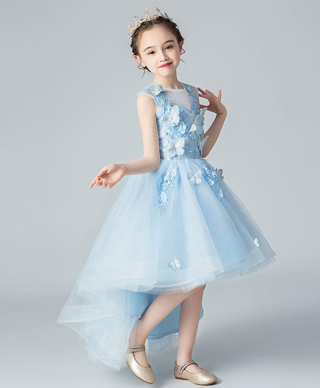 Blue Round Neck Tulle High Low Lace Prom Dress, Flower Girl Dress