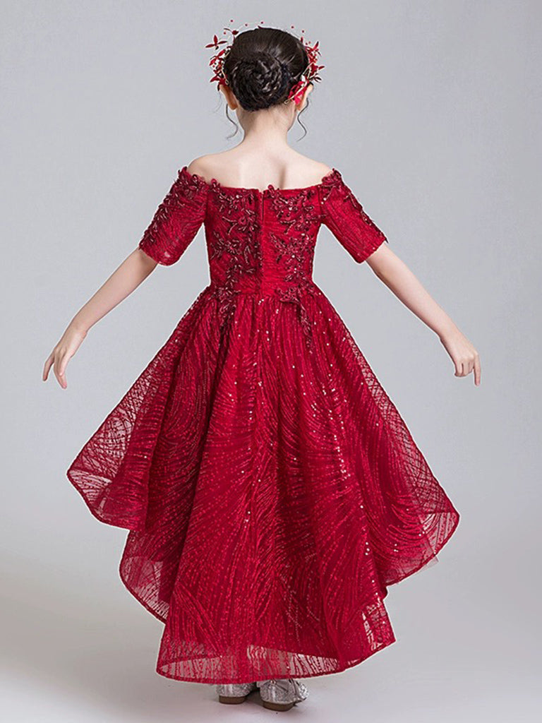 A-Line High Low Tulle Lace Burgundy Flower Girl Dress