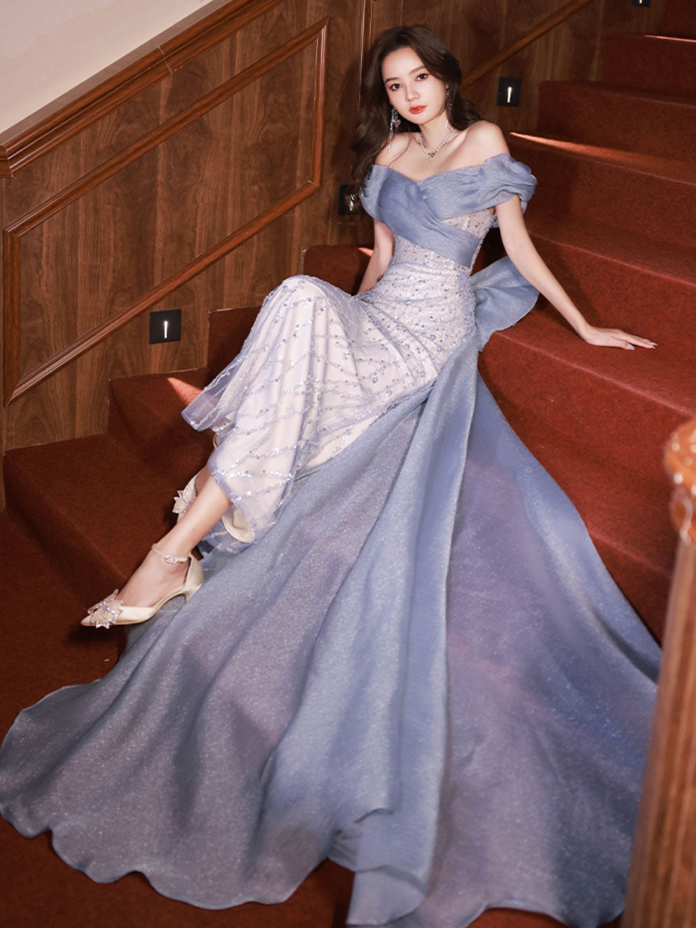 Blue Off Shoulder Tulle Sequin Mermaid Long Prom Dress, Blue Formal Dress