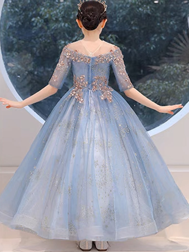 Blue Round Neck Tulle Sequin Lace Flower Girl Dress, Cute Blue Flower Girl Dress