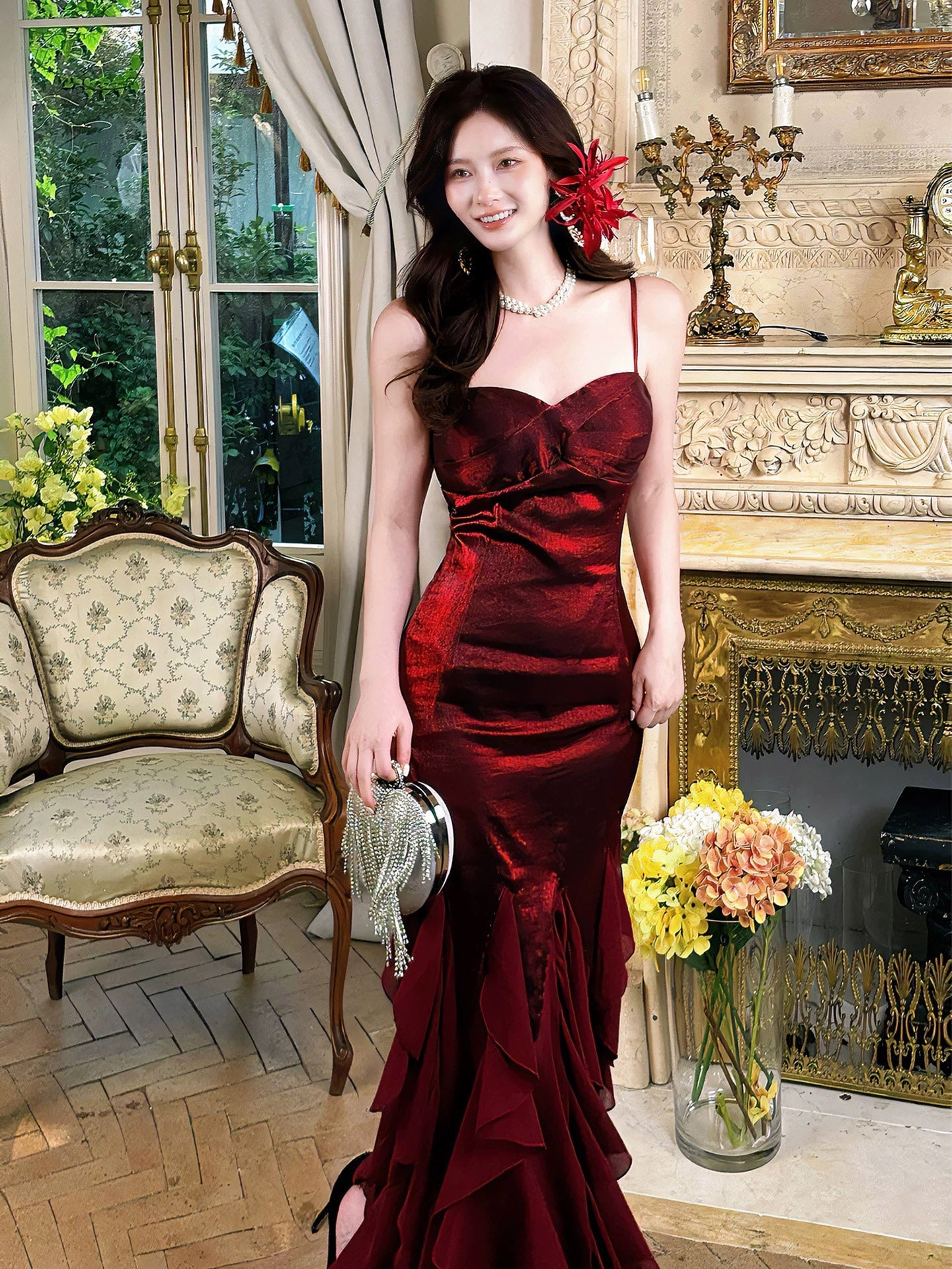 Mermaid Sweetheart Neck Satin Burgundy Long Prom Dress, Burgundy Party Dress