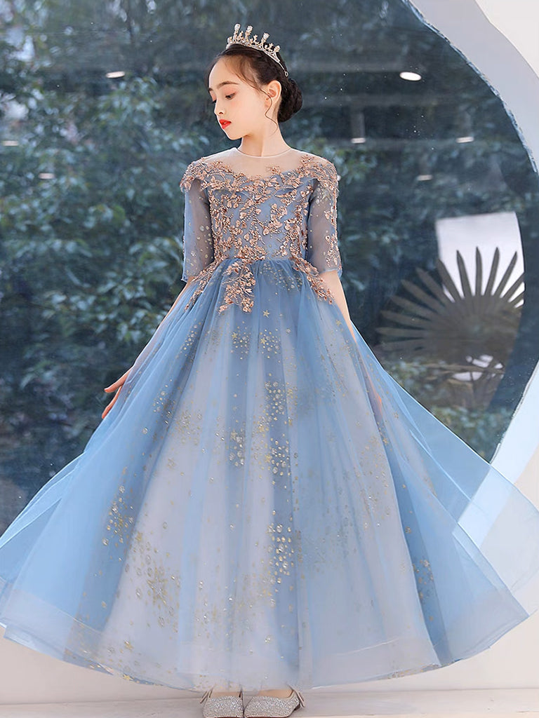 Blue Round Neck Tulle Sequin Lace Flower Girl Dress, Cute Blue Flower Girl Dress