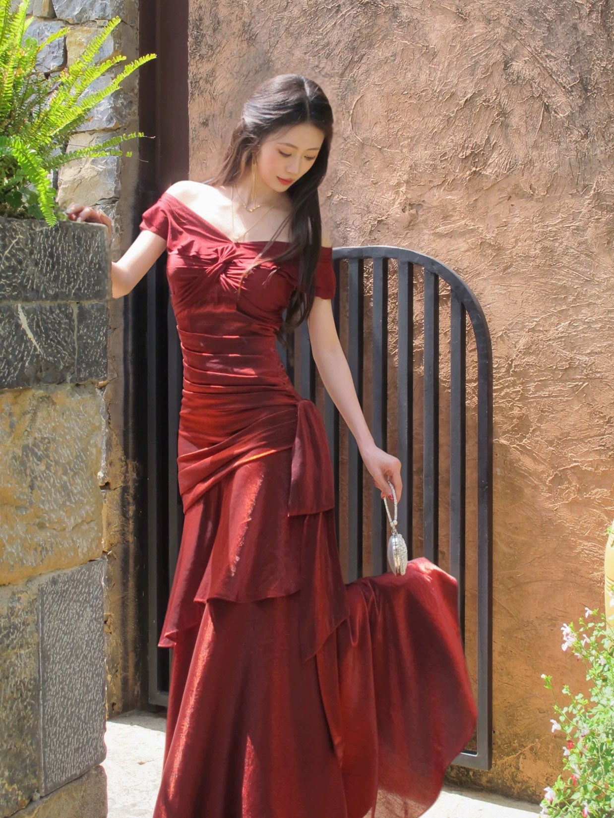 Mermaid Off Shoulder Silk Floor Length Burgundy Prom Dress, Burgundy Party Dress