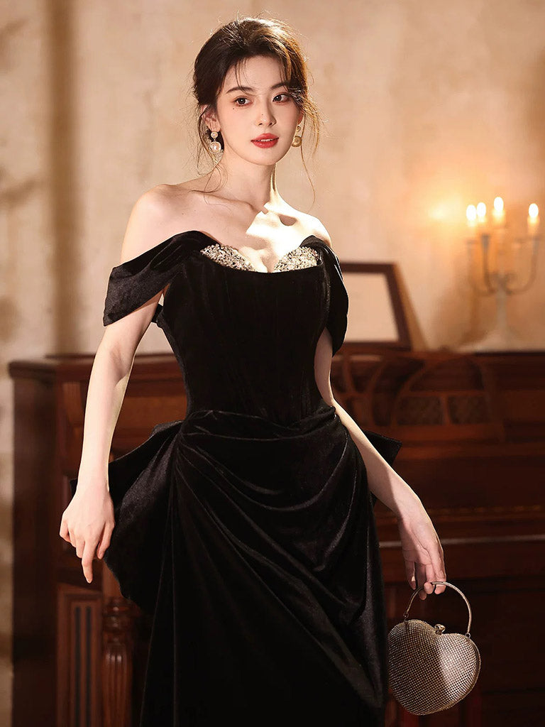 A-Line Off Shoulder velvet Black Long Prom Dress, Black Long Party Dress