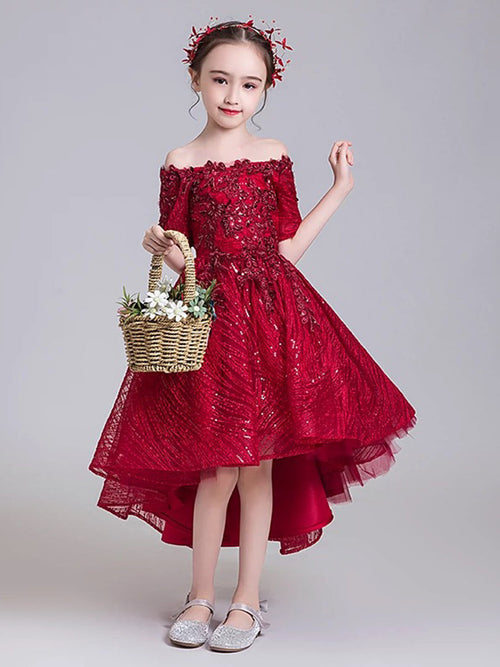 A-Line High Low Tulle Lace Burgundy Flower Girl Dress