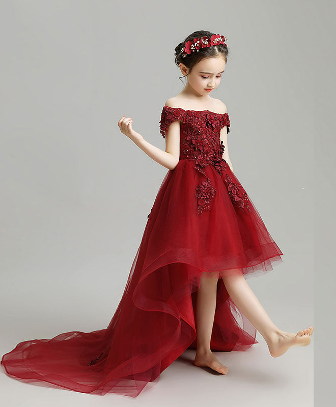 Burgundy High Low Tulle Lace Flower Girl Dress, Party Girl Dress