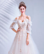 Light Pink Tulle Lace Long Prom Dress Lace Long Evening Dress