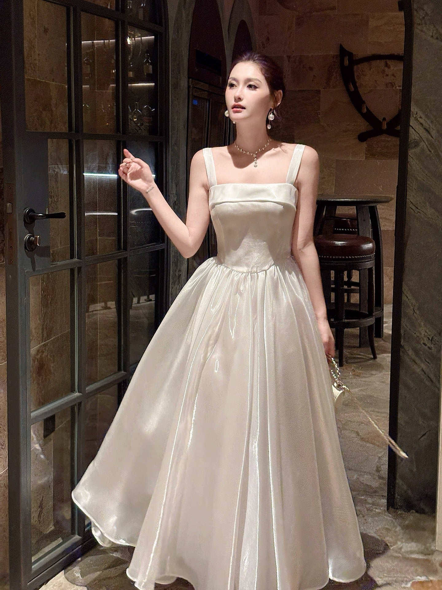 A-Line Floor Length White Prom Dress With Bow Tie