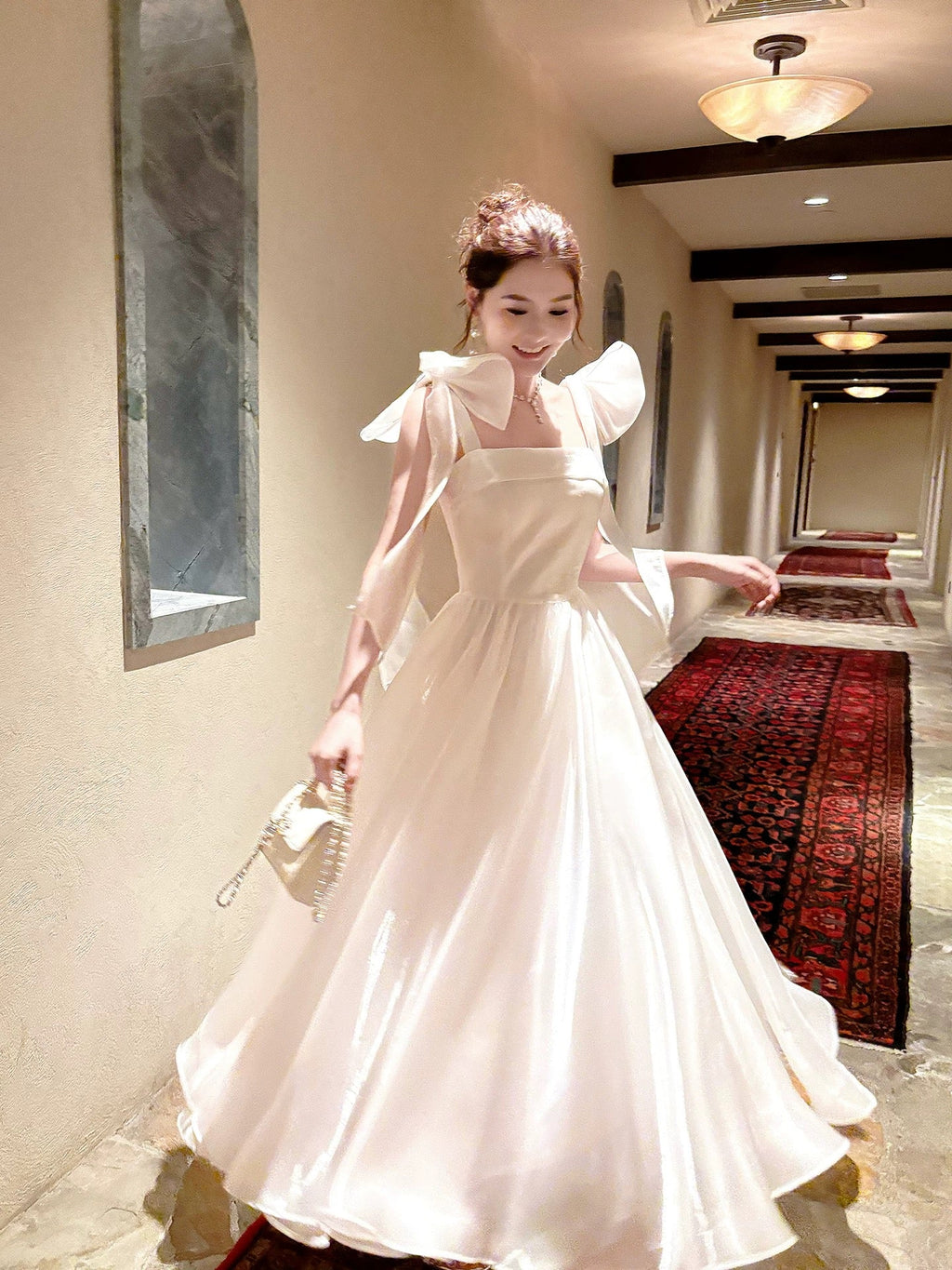 A-Line Floor Length White Prom Dress With Bow Tie