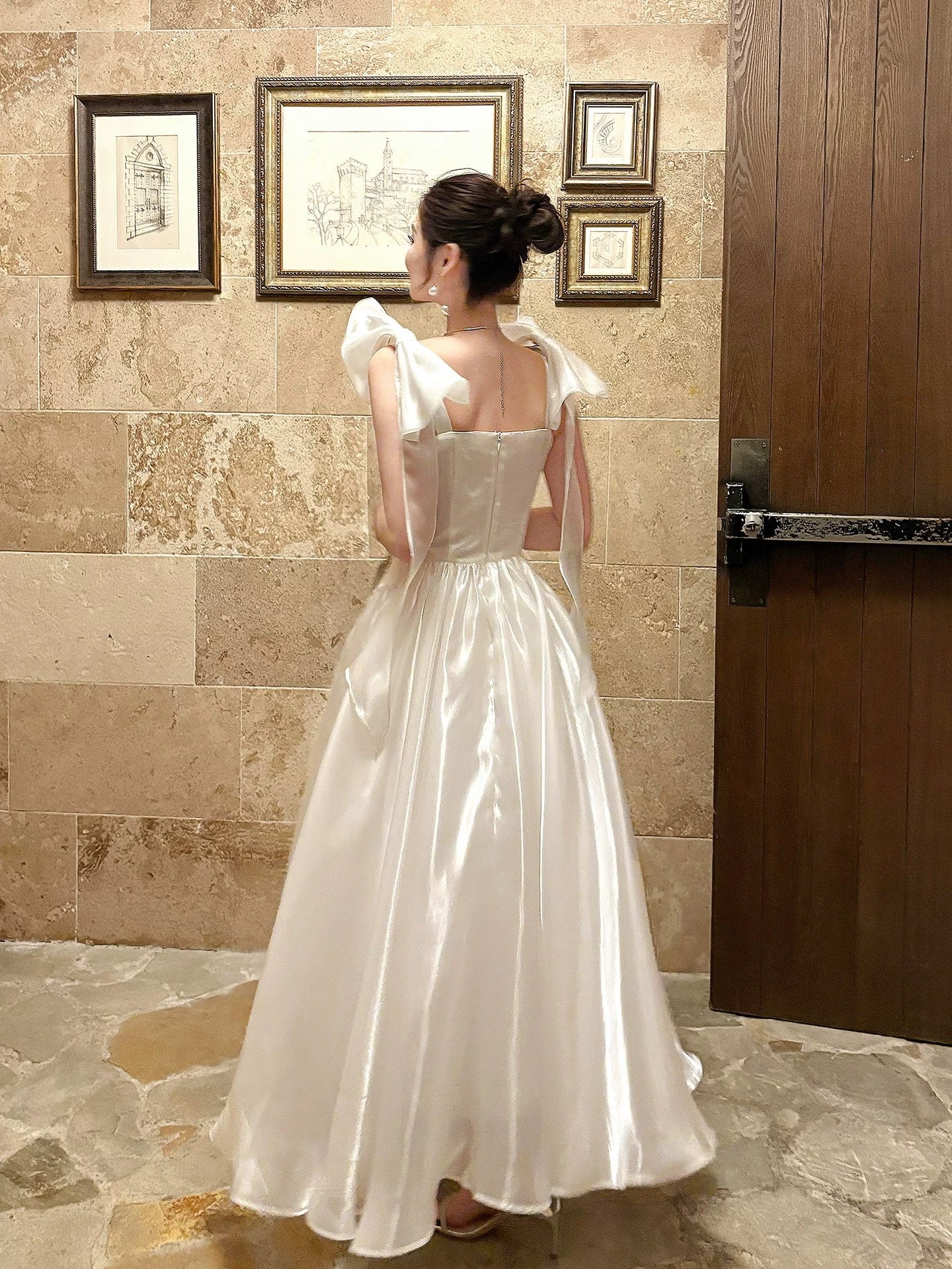 A-Line Floor Length White Prom Dress With Bow Tie