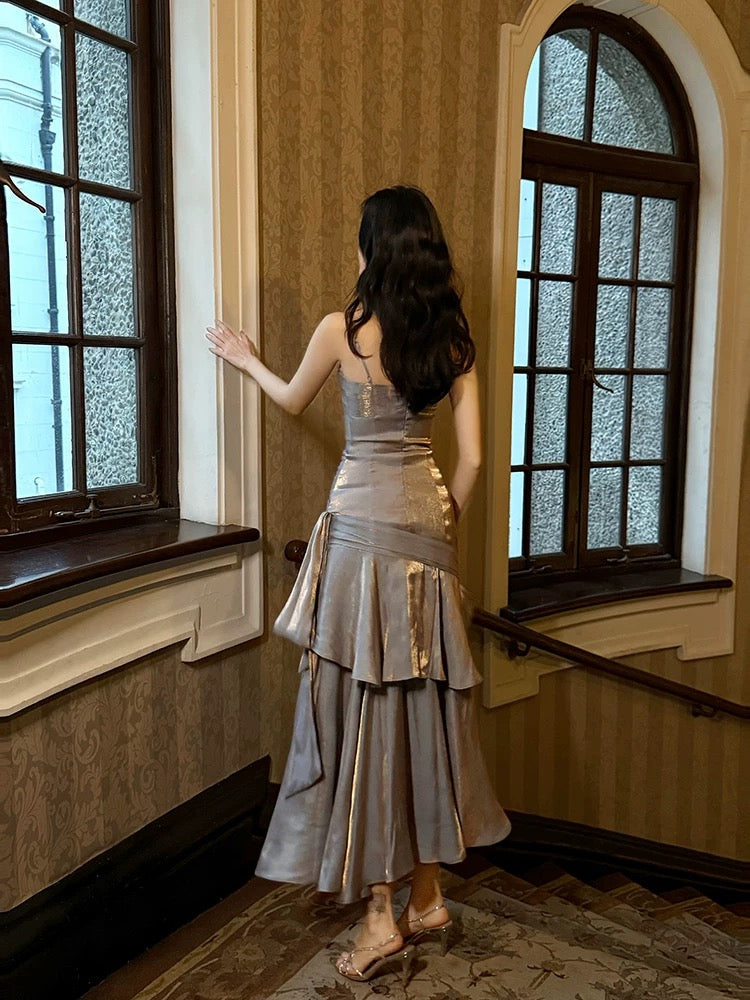 A-Line Sweetheart Neck Satin Gray Long Prom Dress