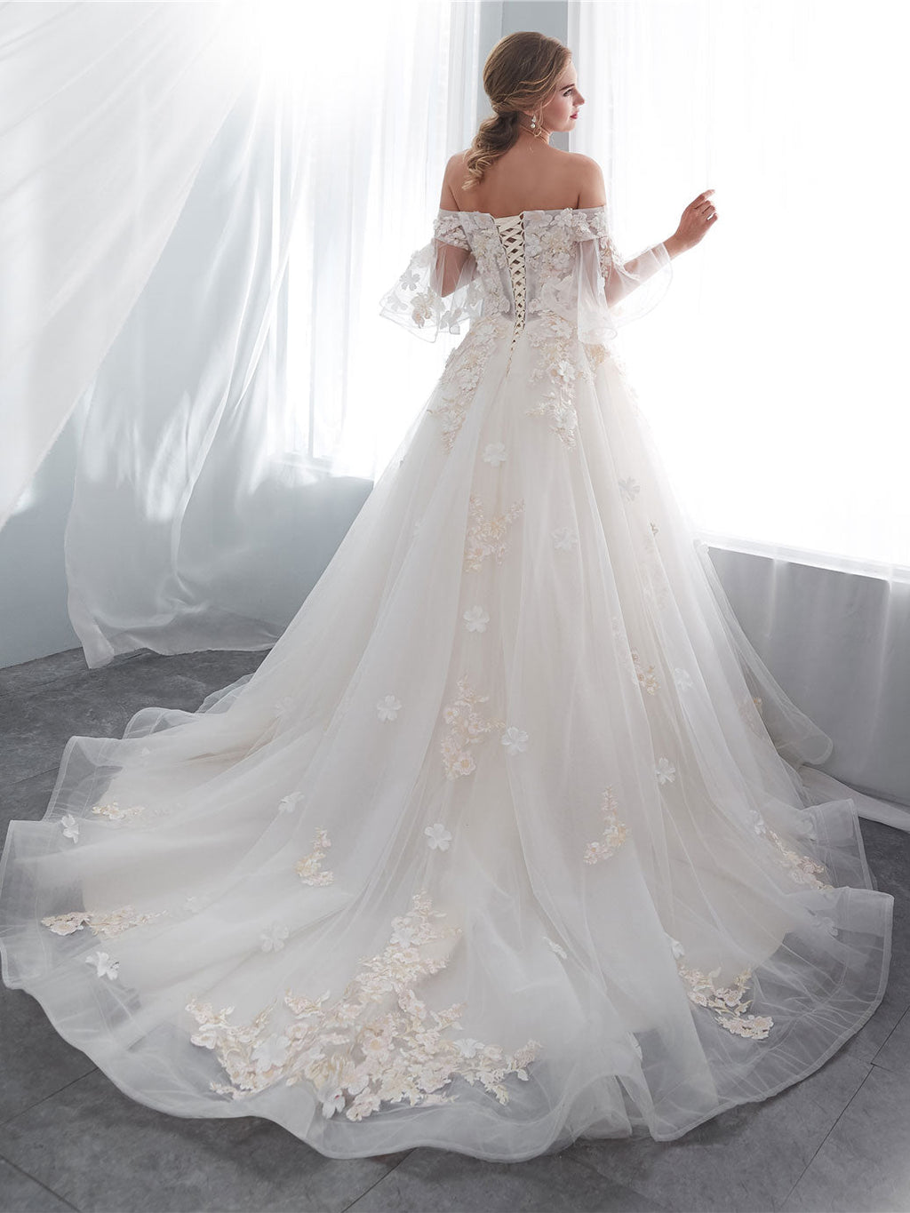 Ivory Long Lace Wedding Dress, Ivory Tulle Lace Wedding Gown
