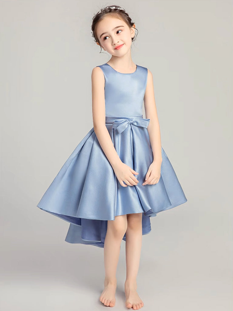 A-Line Round Neck High Low Satin Blue Short Flower Girl Dress