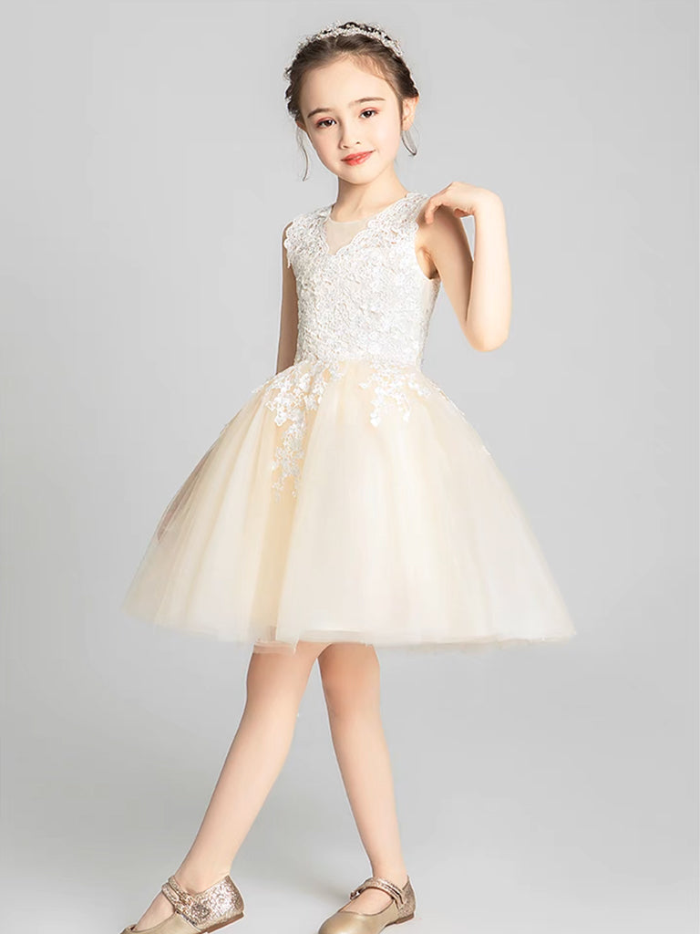 Champagne Tulle Lace Short Flower Girl Dress