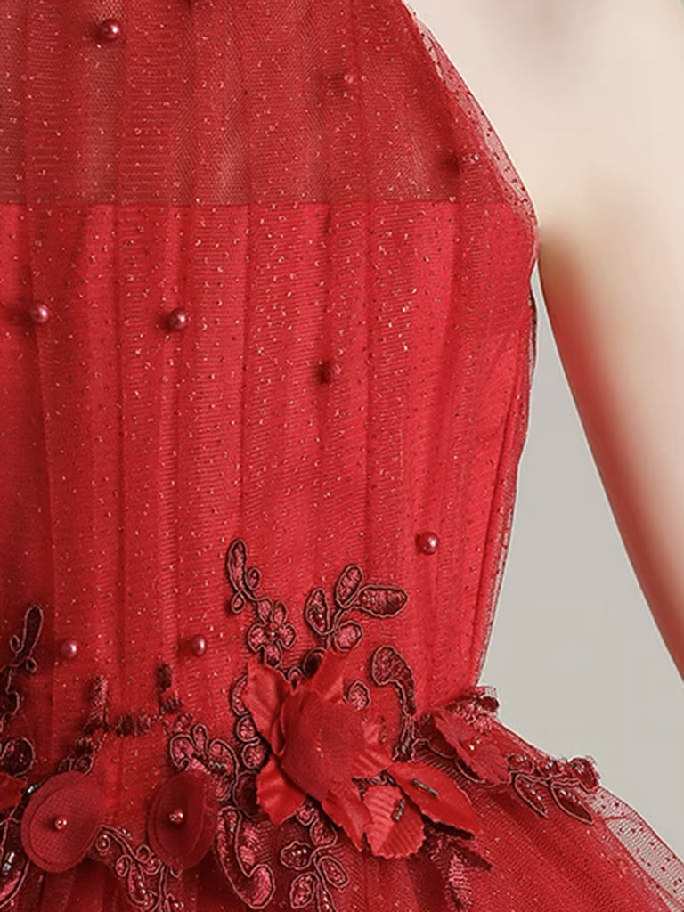 Burgundy Tulle High Low Short Flower Girl Dress with Lace Applique