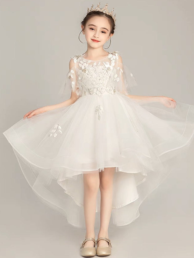 Beige Tulle Lace High Low Flower Girl Dress, Lace Girl Party Dress