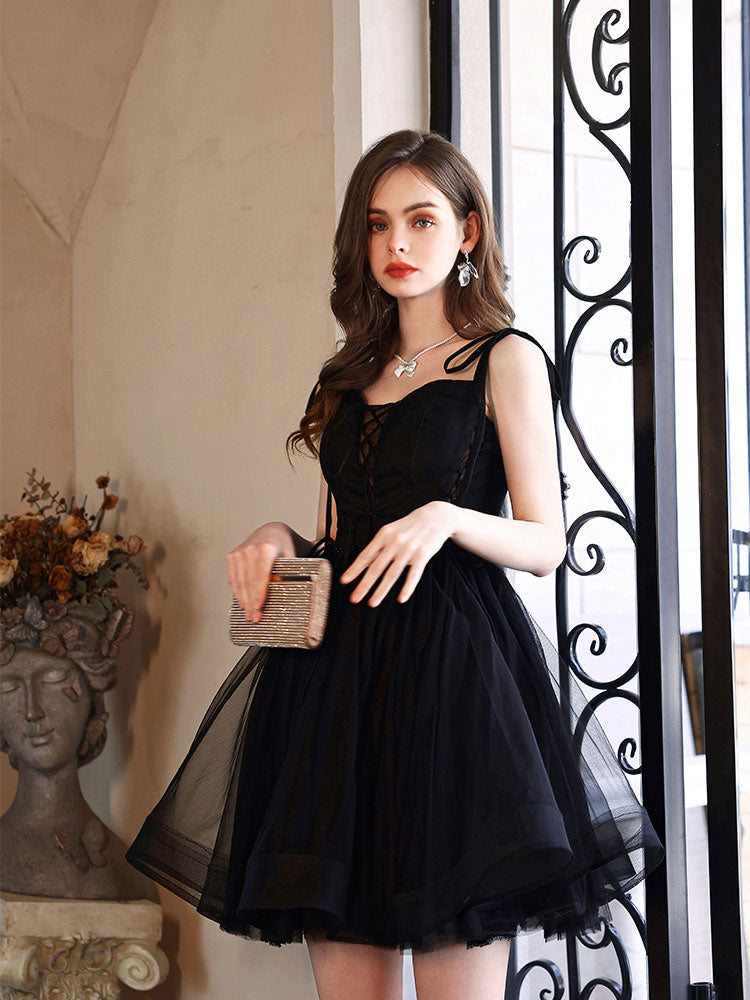 Cute V Neck Tulle Black Short Prom Dress, Black Homecoming Dresses