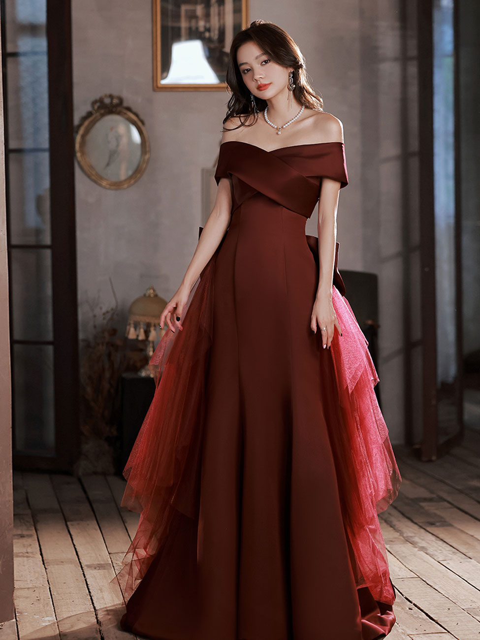Burgundy Mermaid Sweep Train Long Prom Dress, Off Shoulder Satin Burgundy Evening Dress