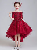 A-Line High Low Tulle Lace Burgundy Flower Girl Dress